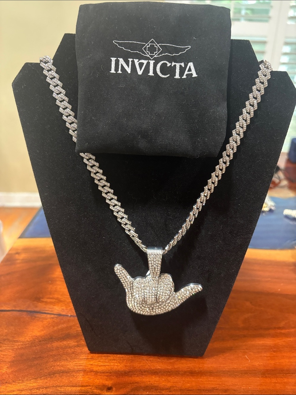 Invicta Silver Pavé Shaka Pendant Curb Chain Necklace